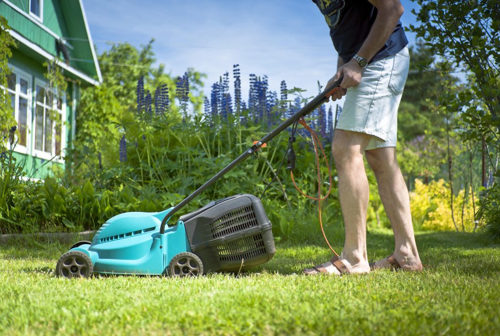 Man mowing the lawn with a corded rotary mower.