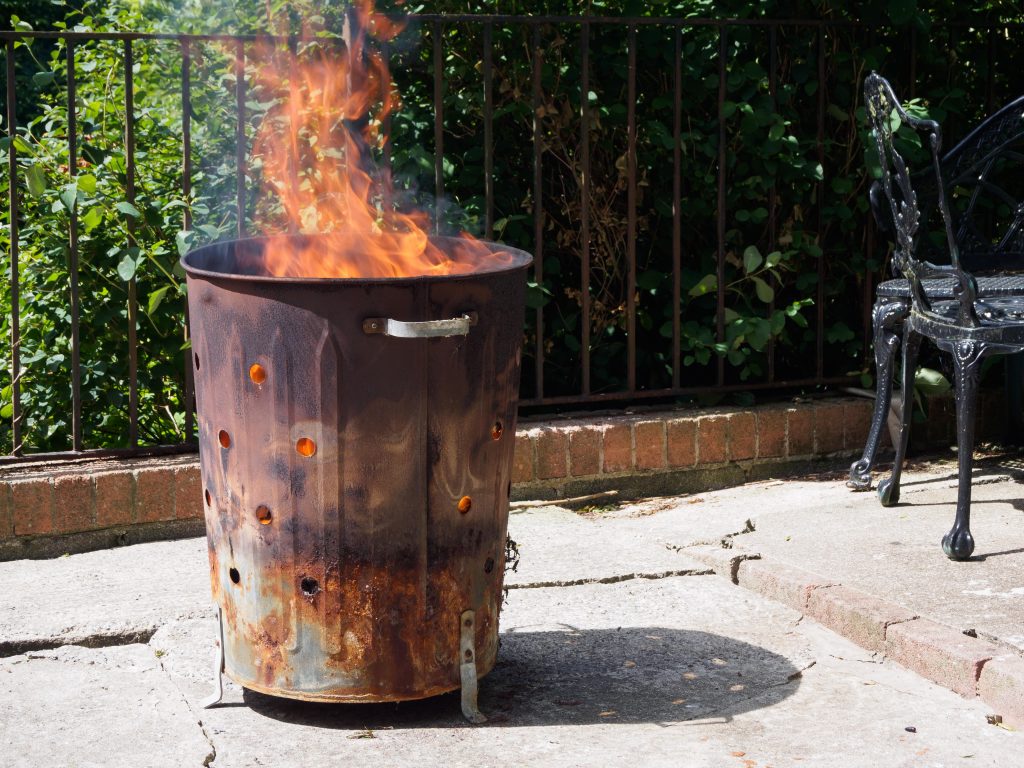 Garden incinerator on fire.