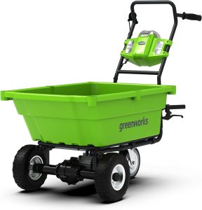 Greenworks self-propelled wheelbarrow.