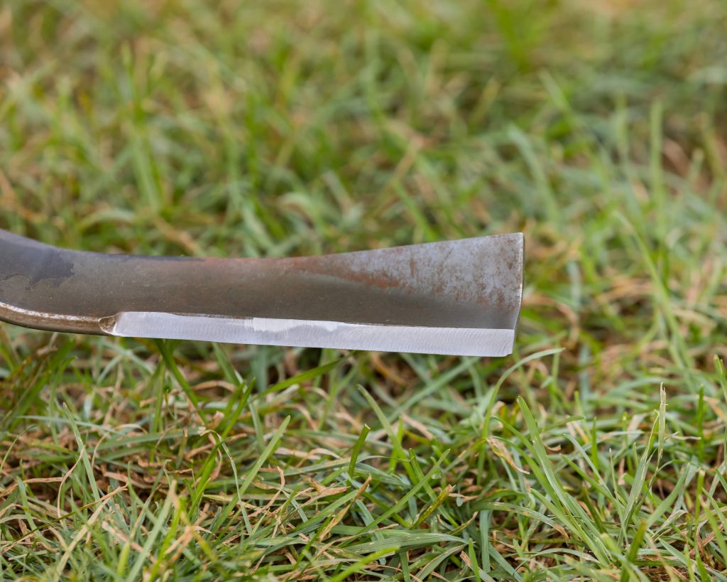 Lawn mower blade resting on grass.