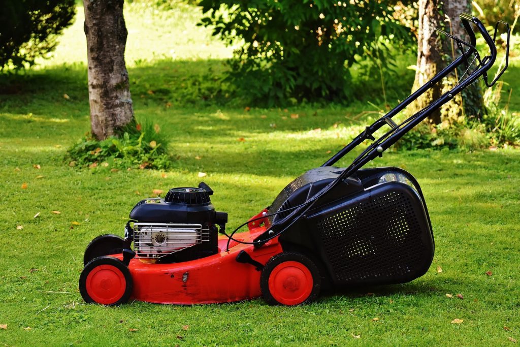 Lawn mower on freshly mown grass.