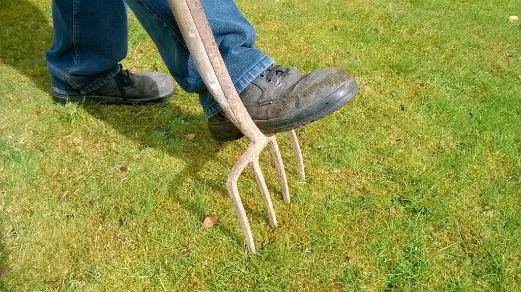 Man pushing a pitchfork into grass.