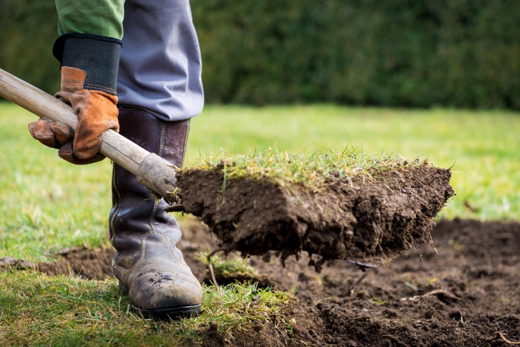 Man using a shovel to dig up lawn.