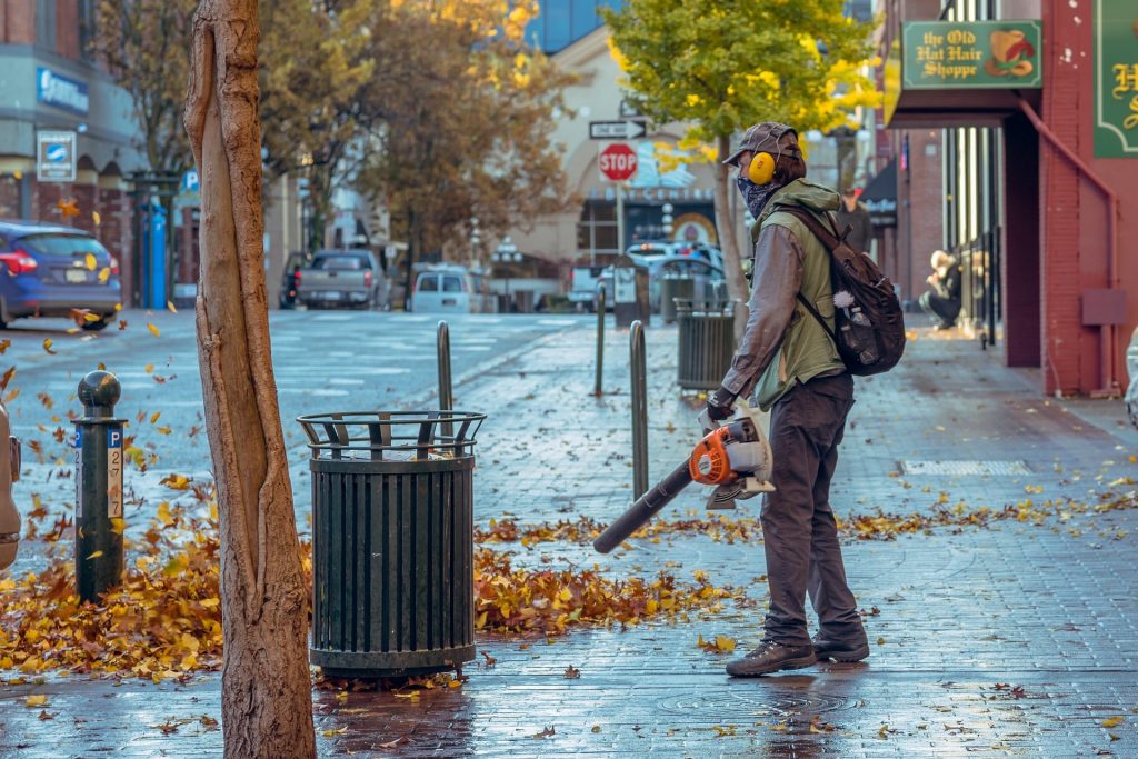 Man using a leaf blower to clear a path.