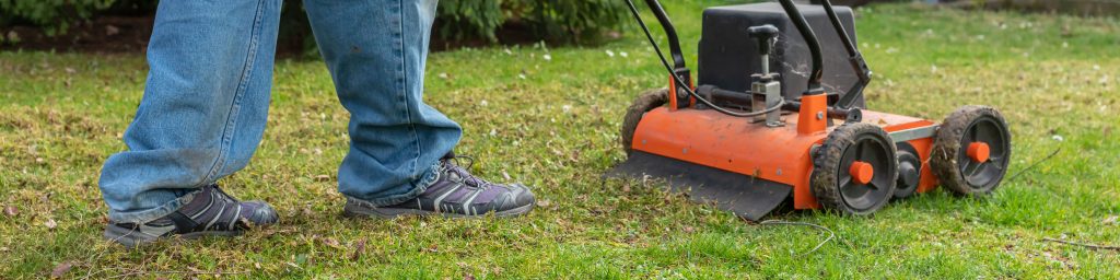 Man using a petrol lawn scarifier.