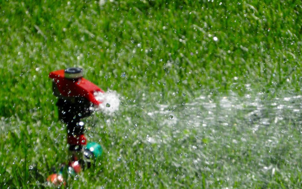 Sprinkler watering grass in the summer.