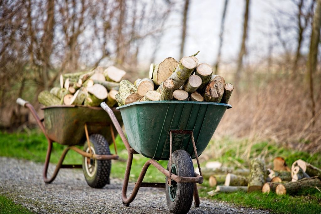 Wheelbarrows full of logs.